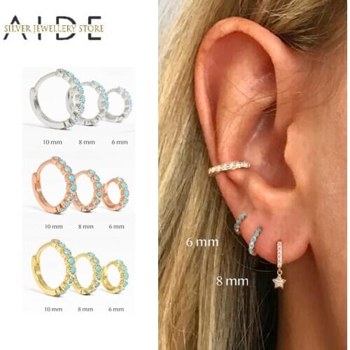 AIDE 6/8/10mm 925 Sterling Silver Hoop Earrings for Women Exquisite Turquoise Pave Round Pierced Earings Fine Jewelry kolczyki