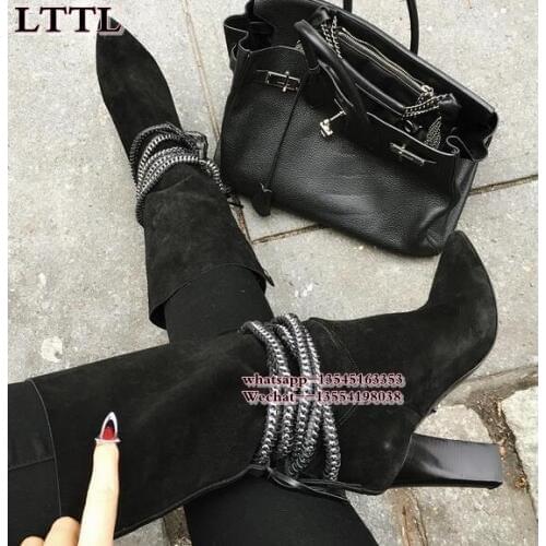 High quality grey Black suede Leather slip-on Metal chain mid-calf boots pointed toe square thick heel woman booties