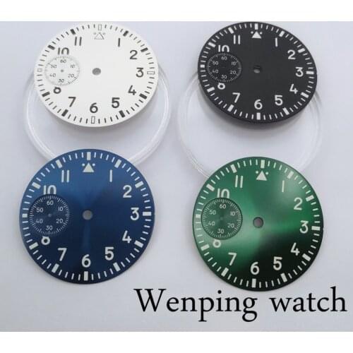 New 37mm No Logo Sterile Watch Green luminous Blue/Green/White/Black Dial Fit ETA 6497 St36 Mens Watches