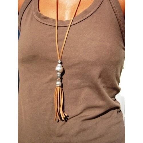Long leather necklace tassel necklaces bohemian jewelry boho necklace silver jewelry