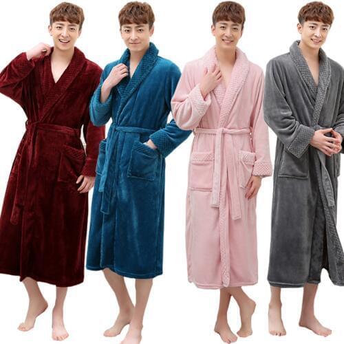 Hot Selling Men Women Super Soft Winter Long Warm Coral Flannel Bath Robe Mens Kimono Bathrobe Male Dressing Gown Lovers Robes
