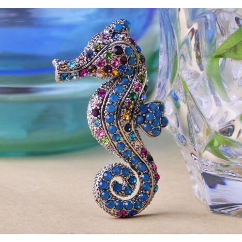 Good Quality Women Vintage Brooches Jewelry Antique Silver Blue Austrian Crystal Brooches Pins Seahorse Brooch Hijab Accessories