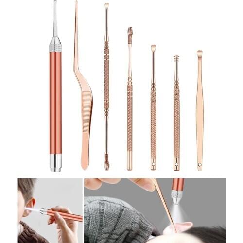 7x Stainless Steel LED Ear Pick Curette Earpick Scoop Cleaning Ear Wax Remover Ear Cleaning Cleaner Tool Swabs Pick Remover