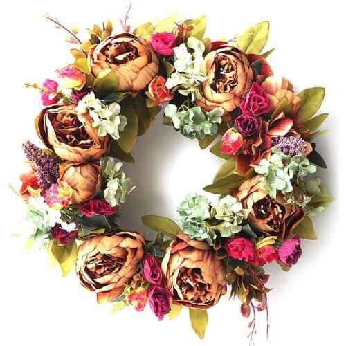Artificial Brown Peony Decoration Wreath Fake Flower Home Door Wall Hanging Garland Wedding Prop Decor