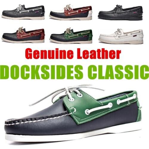 Men Women Genuine Leather Docksides Classic Boat Shoes,Homme Femme Navy Blue-Green Plus Size Brand Flats Loafers A082