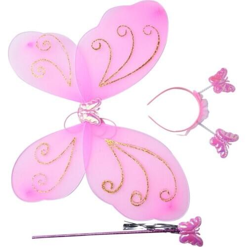 3Pcs Kids Girls Fairy Princess Costume Sets Colorful Stage Wear Butterfly Wand Headband Coseplay Clothes