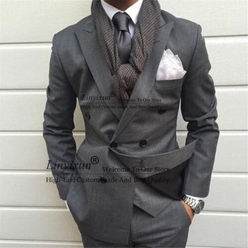 Grey Double Breasted Slim Fit Men Suit 2 Piece Skinny Groom Wedding Tuxedo terno masculino Prom Wedding Business Suit