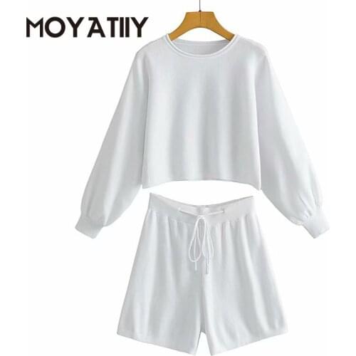 MOYATIIY Fashion Women Sets Tops&Shorts Casual Oversize White Solid Sweatshirts Drawstring Adjustable Lantern Sleeve Women Tops