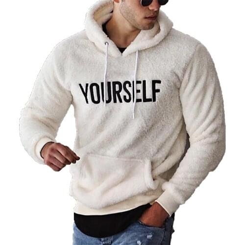 Mens Fuzzy Fleece Hoodie Casual Winter Warm Letter Print Hooded Pullover with Kangaroo Pocket Male Sweatshirts