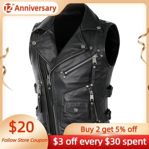 2021 Black Men American Style Bikers Leather Vest Plus Size XXXXL Genuine Cowhide Spring Slim Fit Short Motorcycle Coat