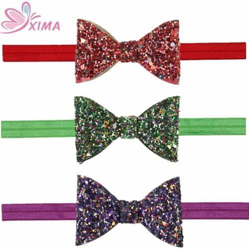 XIMA 1PC 2.5''Glitter Leather Bow Headband Shiny Sequin Bowknot Hairband for Girls Hair Accessories