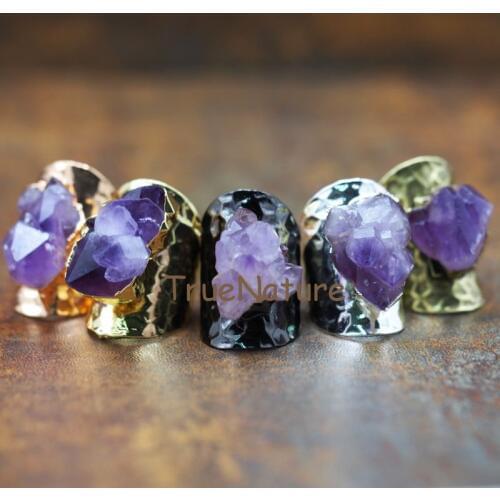 Various Gold Silver Metal Electroplated Copper Rings Jewelry Amethysts Charm Bank Adjustable Ring In 22 mm RM5854