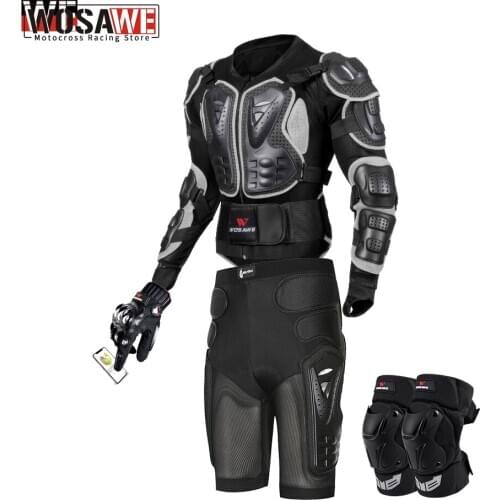 WOSAWE Off Road Motorcycle Armor Alloy Stainless Steel Racing Protective Gear Motorcycle Jacket+Shorts Pants+Knee Pads+Gloves