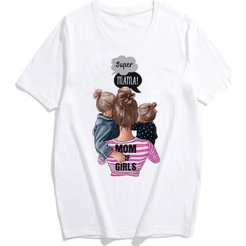 Super Mama Womens Fashion Short Sleeve Round Neck Mom and Girls Printing T-shirt Tops Tee S-XXXL