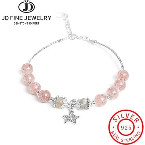 JD Single Strand Bracelets Ladies Natural Strawberry Quartz 925 Sterling Silver Color Star Bracelet Women Lucky Charm Jewelry