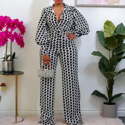 Fashion Jumpsuits For Women Clothing 2021 Summer Geometric Print V Neck High Waist Elegant Evening Night Party Rompers Jumpsuits