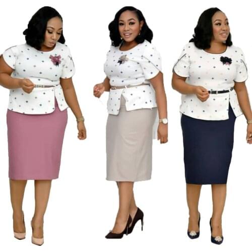 Dot Printting Short Sleeve Round Neck Slit T-Shirt and Package Hip Skirt Women Suits Autumn Office Lady Casual 2 Piece Set