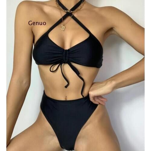 Halter Sexy Bandage Swimwear Two Piece Swimsuit 2021 New Push Up Pure Black Thong Bikini Padded Bathing Suit Women Beachwear