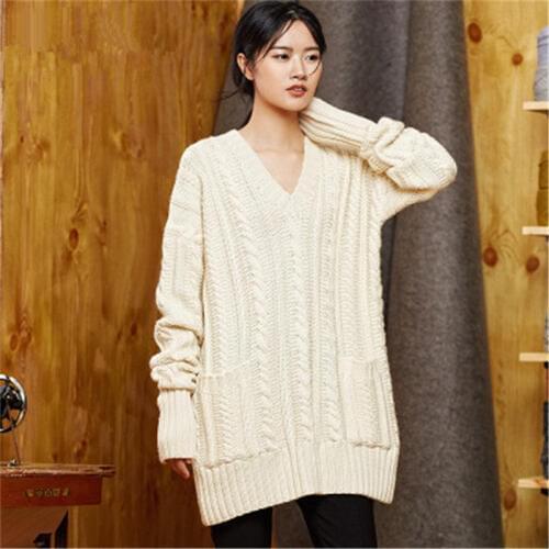 100% hand made pure wool Vneck twisted knit women streetwear loose solid H-straight pullover sweater one&over size