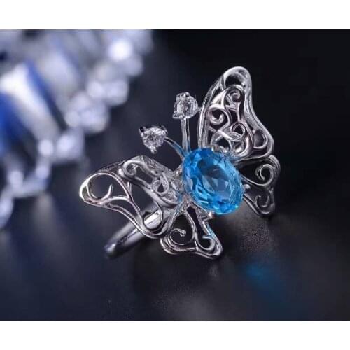 Natural blue topaz gem Ring Natural gemstone ring S925 sterling silver trendy Elegant butterfly women girl party fine Jewelry