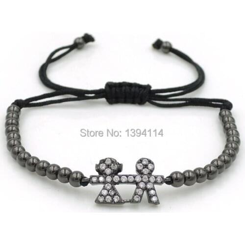 20*10*2mm Micro Pave CZ Boy Girl Hand In Hand Cartoon Connector & 4mm Round Beads Braided Macrame Bracelet Jewelry
