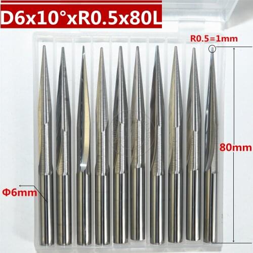6mm*R0.5*10°*80L,CNC carbide wood End Mill,woodworking insert router bit,Taper ball nose end milling cutter,deep relief,pvc