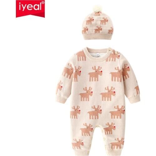 IYEAL Christmas Baby Winter Overalls With Hat For Baby Girls Costume Newborn Clothes Knitted Rompers Infant Boys Jumpsuit