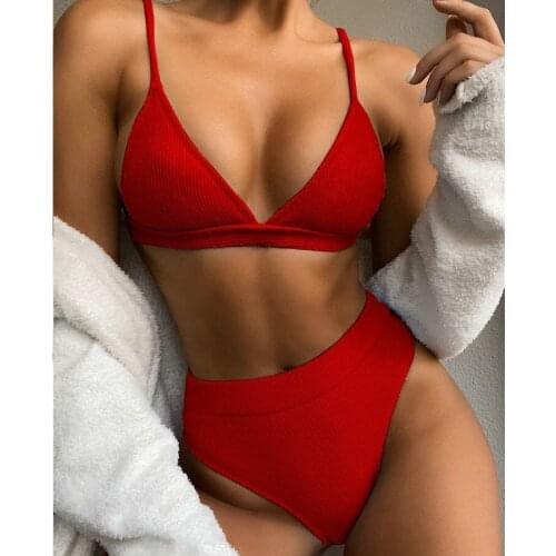 Swimsuit Women Ribbed Bikini 2021 Women Summer Beachwear Solid Color Push Up Padded Micro Bikini Top High Waist Thong Swimsuit