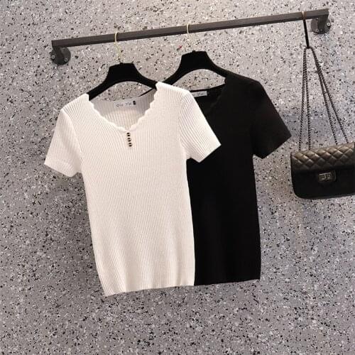 L-4XL plus size women Summer basic thin kint sweater pullover 2021 loose casual short sleeve v neck button Oversized sweaters