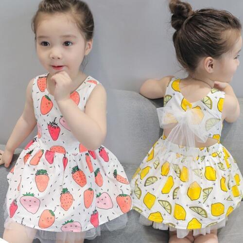 2020 Summer New Style Cartoon Fruit Printed Sleeveless Vest Girls Dress Children Kids Princess Baby Bow