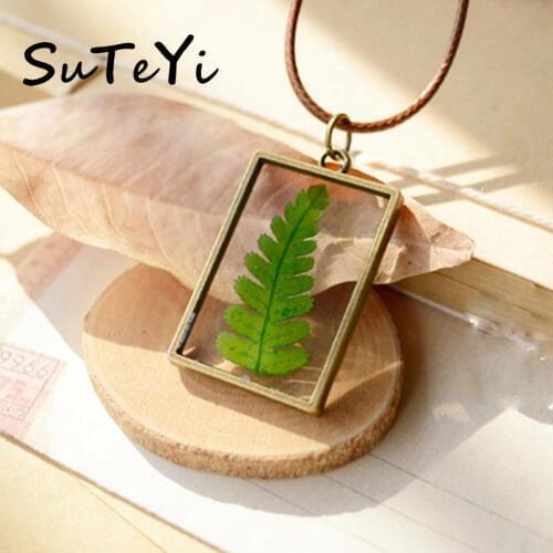 Fashion Dried Plants Natural Ferns Necklace Vintage Women Rectangle Epoxy Pendant Long Rope Necklaces Jewelry