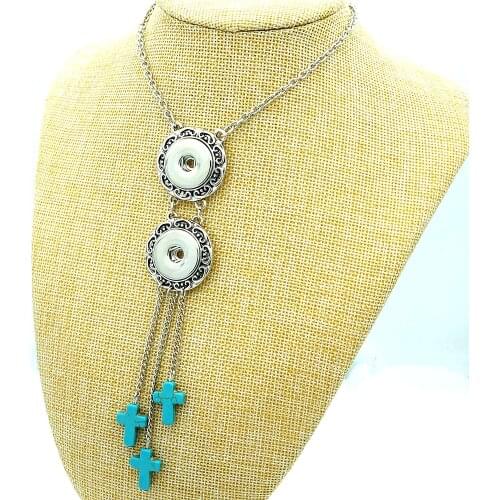 Fashion trendy Turquoises Cross Tassels 2flower buttons snap necklace 60cm fit 18MM snap buttons jewelry wholesale DJ0146