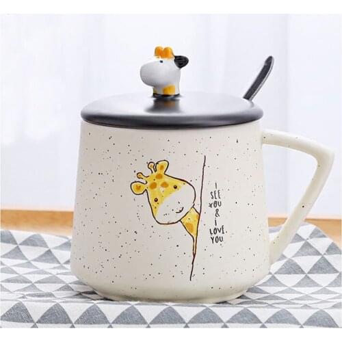 Nordic Ceramic Coffee Mug Set Cute Creative Big Coffee Mug with Cover Spoon Creative Animal Milk Juice Cup Kids Chrismas Gifts