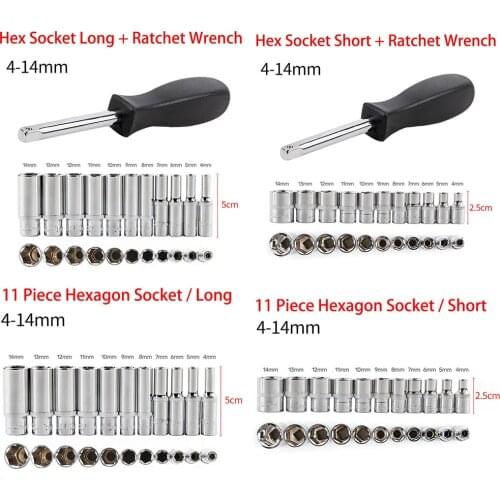 11pc 1/4 Hex Socket Set Adapter Short Sockets Crv Torque Spanner Ratchet Wrench Head Sleeve Double Tools 4-14mm Torque Wrench