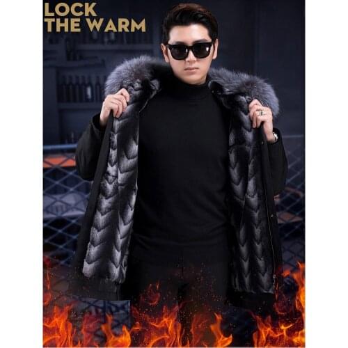 New Coat Men Parka Real Rabbit Fur Liner Silver Fox Fur Collar Parka Fashion Winter Warm Men Trench Coat High Quality