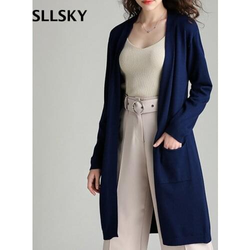 SLLSKY Solid Soft Casual Cardigan Women Sweater Autumn Long Open Stitch Sweater Pocket Loose Home Back Split knitted Sweater