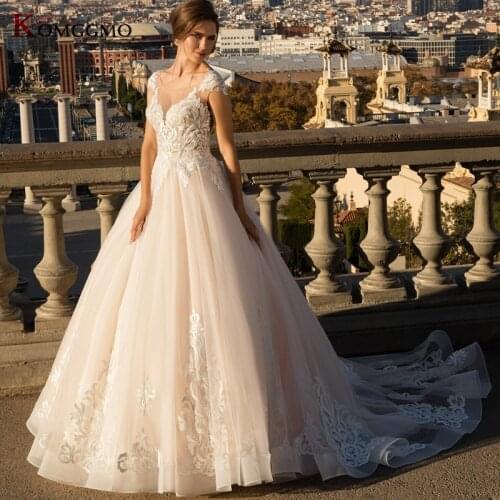 High-End Embroidery Appliques Tulle Chapel Train Bridal Ball Gown 2021 Hot Sale O-Neck Cap Sleeve Button Back Wedding Dress