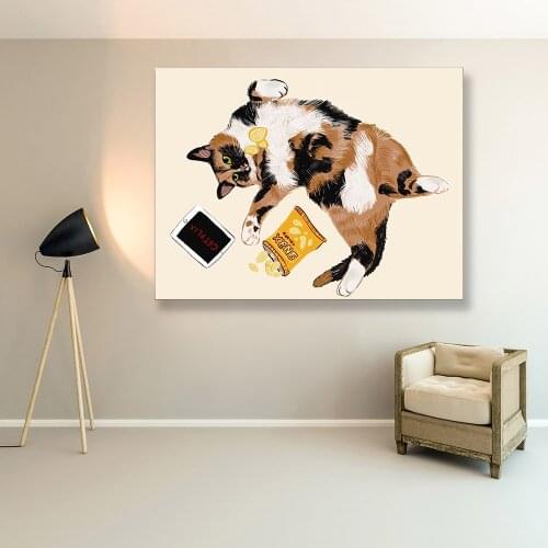 Greedy Brown Fat Cat Poster Nordic Wall Art Canvas Painting Modern Living Room Bedroom Lounge Minimalist Prints Decor Aesthetics