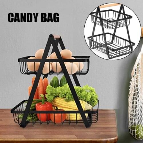 Detachable Fruit Basket with Portable Wooden Handle Double layers Large Capacity Carbon Steel Fruit Holder for Fruits TS2