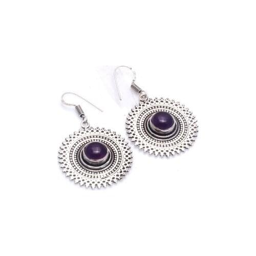Genuine Amethyst Silver Overlay on Copper Earrings, 48 mm , E6130