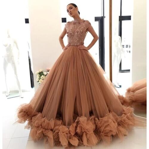 High Quality Ball Gown Formal Dress Champagne Tulle Long Prom Gowns Illusion Bodice Ruffles Bottom Chic Evening Party Dress Gala