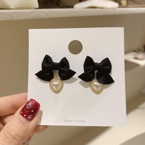 ZDMXJL 2021 New Fashion Womens Earrings Sweet Cute Black Bowknot Pearl Earrings For Women Party Girl Jewelry Gifts Wholesale