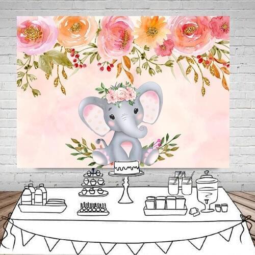 Golden flower Floral Elephant Baby shower backdrop photography candy table banner birthday party decor background booth