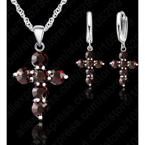 10Color To Choose 925 Sterling Silver Austrian Crystal Cross Pendant Necklace Earrings Jewelry Sets Stock 24 Hours