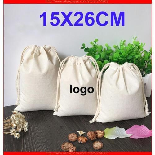 100pcs/lot) size W15xH26cm(6x10.2") custom logo cotton drawstring bag