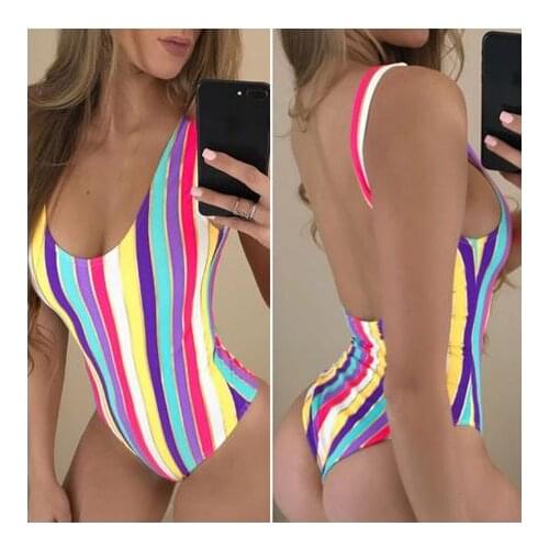 2021 Summer Stripe Swimsuit Womens Sexy Swimwear Rainbow Striped Push Up Unpadded Bikini Bathing Suit