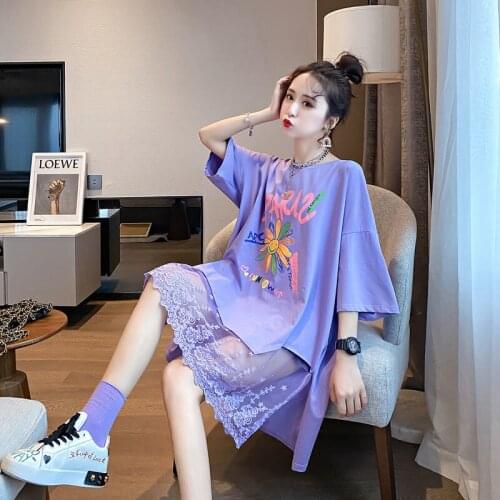 Maternity Dress Casual Loose Large Size Lace Stitching Summer Three-quarter Sleeve Sleeve T-shirt Mid-length Maternity Dress