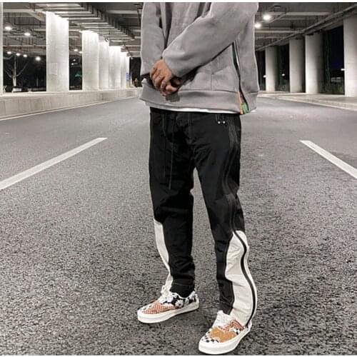 Korean Hgh Street Color Block Side Zipper Cargo Pants Mens Drawstring Straight Loose Casual Track Pants Hip Hop Baggy Trousers