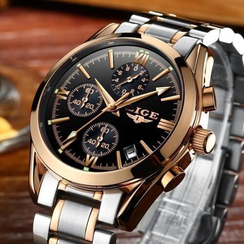 LIGE Men Top Luxury Brand Military Sport Watch Mens Quartz Clock Male Full Steel Casual Business gold watch Relogio Masculino