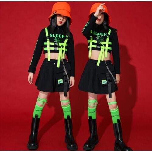 Kids Cool Ballroom Hip Hop dancing Outfits Crop Tops Street wear Black Skirt For Girls Jazz Dance Wear Costumes Concert Outfits